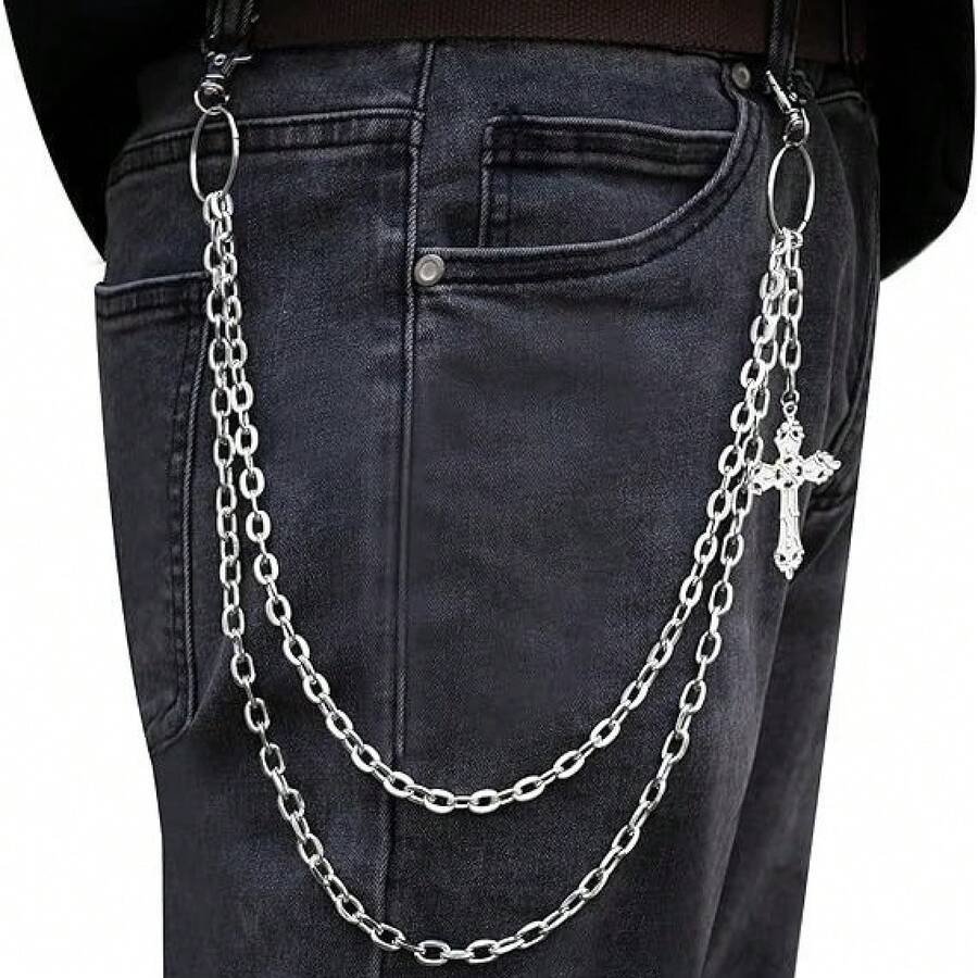 Double Layer Cross Pendant Pants Chain Versatile Hip Hop High-End Feel Men's Pants Chain - Steel Color - View 1
