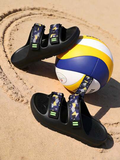 This Boys' Shoes Feature A Black Lightweight Rubber And Plastic Sole, A Double Strap Design, Purple, Yellow And Gray Geometric Camouflage Pattern Straps, Fluorescent Green/White Decorative Buckles, Non-Slip Textured Soles, And An Open-Toe Design, Making Them Both Fashionable And Sporty, Suitable For Casual Indoor, Outdoor Light Exercise Occasions In Summer 2026.