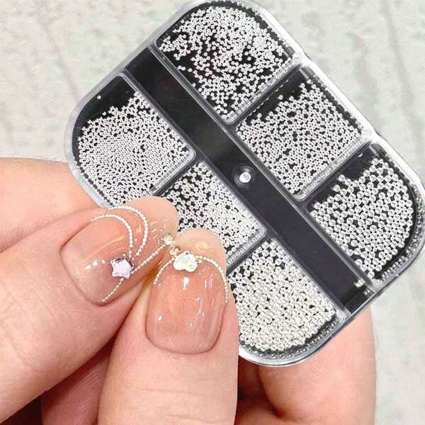 6 Grid Silver Mixed Size Stainless Steel Metal Bead Nail Art Decoration 3D Mini Small Caviar Bowl Silver Charm Pearl Manicure Accessories