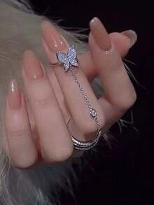 1pc Fashionable Elegant Butterfly Tassel Rhinestone Chain Knuckle Ring, Suitable For Women's Daily Wear, Party And Banquet