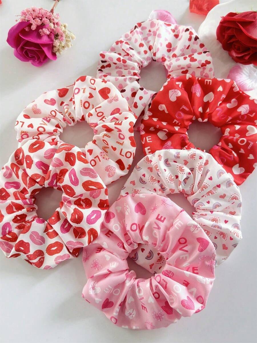 6pcs Valentine's Day Women's Sweet & Elegant Pink, Red Fabric Love, Lips, Rainbow, Heart Printed Large Hair Scrunchies, Suitable For Holiday Parties, Daily Outings, Hair Decoration Accessories, Bohemian Party, Elegant ,Hair Ties ,Scrunchy Hair Ties - Nhiều màu - Xem 1