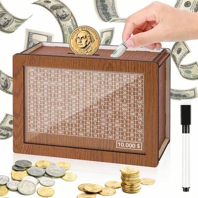 10000 Savings Challenge Box, Cash Box Money Box Cash Storage Room Wooden Savings Box Money Box, Coin Counter Adult Savings Jar, Money Box With Counter, Suitable For Couples Challenge And Travel Planning