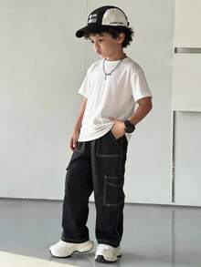 1pc Young BoyTrendy Streetwear Style Straight Leg Cargo Pants With Decorative Seam And Multi-Pockets Design - Black - View 3