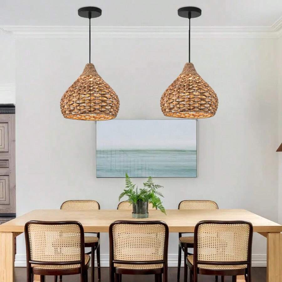 藤编吊灯 - 波西米亚风格吊灯，编织吊灯，可调节藤编灯，吸顶吊灯，房间照明，民宿装饰，适用于厨房岛台、走廊、卧室、餐桌、客厅 - E26灯座（不含灯泡）