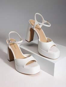 Women Chunky High Heeled Sandals 2026 New Spring Summer Sexy Open Toe Ankle Strap Super High Heel Sandals Suitable For Party Runway - 白色 - 查看 3