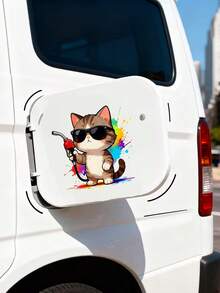 Cute Pet Fashion Glasses Cat Creative Car Sticker, Colorful Ink Splash Effect, Adorable Pattern, Easy To Apply And Not Easy To Fall Off, Cover Blemishes And Prevent Scratches, Suitable For Cars, Gas Tanks, Smooth Surfaces, Daily Use - Cartoon - View 5
