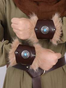 2pcs Medieval Viking Faux Fur And PU Leather Bracers, Renaissance Knight Wrist Guards, Suitable For Renaissance Viking Fair, Role-Playing Games, Halloween Costume Accessories Props - Brown - View 13