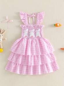 Toddler Baby Girl Easter Dress Smocked Flutter Sleeve Square Neck Rabbit Embroidery Plaid Tiered Birthday Party Dress Summer Clothes - Hồng - Xem 1
