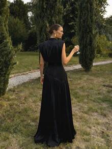 Elegant Solid Color High Slit Backless Zipper Maxi Fitted Dress For Wedding Party Black - Black - View 3