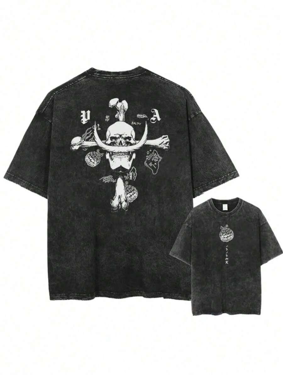 Washed T-Shirt Men's Printed Cotton T-Shirt Short-Sleeved T-Shirt Oversized Top Fashion Street Wear Unisex - 黑色 - 查看 1