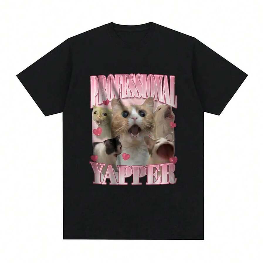 Camiseta profesional Yapper Meme, divertida para amantes de los gatos, gráfica de manga corta, 100% algodón, cómoda y holgada, unisex - Negro - Ver 1