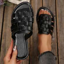 Womens Dressy Summer Sandals Outdoor Walking Travel Flats Slides Shoes Round Toe Braided Comfy Closed Toe Woven Vacation Mules - 黑色 - 查看 9