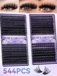 640/544/280 Clusters D Curl Manga Eyelash Set, Customized DIY Single Cluster False Eyelashes 10-16mm, Fluffy Dense 3D Russian Mink Fur Eyelashes, Dramatic Messy Makeup Effect, Portable And Easy To Use, Suitable For Daily, Cosplay, Stage Makeup - 黑色 - 查看 10