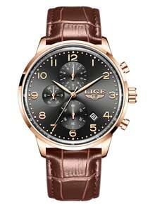 LIGE Men's Business Casual Watch Classic Three-Eye Clock Style Quartz Watch Waterproof Date Fashion Daily Wear, Gift Watch For Friends - Brown - View 12