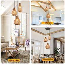 Bohemian Farmhouse Handwoven Rattan 3-Light Pendant Light, Adjustable Hanging Lamp Fixture Suitable For Bedroom, Kitchen, Farmhouse, E27 Bulb Socket, Semi-Flush Mount (Bulbs Not Included)