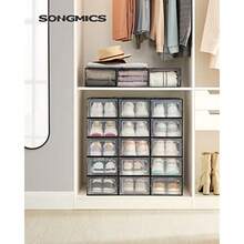 SONGMICS Cajas de Zapatos Plástico Juego de 18 Organizadores de Almacenamiento Caja Zapatero Plástico Plegable y Apilable para Zapatillas hasta talla 44 Transparente y Negro MLSP18SBKV1 - Negro transparente - Ver 3