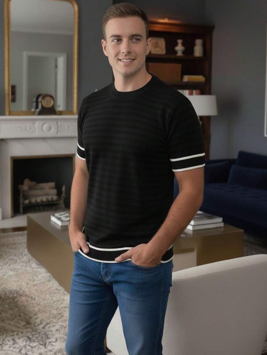 Basic Two-Tone Knit Shirt, Short Sleeve, Ribbed, Stylish Summer T-Shirt, Men's Blouse - Black and White - View 1