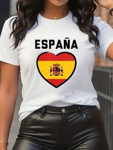 Camiseta de Mujer con Bandera Española y Estampado "España" - Diseño Heredero del Orgullo Hispano, Mapa e Inscripciones. Cuello Redondo Y Manos Cortas Casuales para Todas las Temporadas. ¡Ideal Para Eventos Culturales! (Multicolor) - [Blanco] - Ver 1
