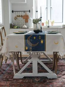 Bubaba 1 pieza Camino de mesa azul con estampado de estrellas y lunas, mantel de estilo bohemio con flecos en color crema-blanco, reutilizable y lavable, adecuado para cocina, comedor, sala de estar, dormitorio, mesas de hotel, decoración de Ramadán