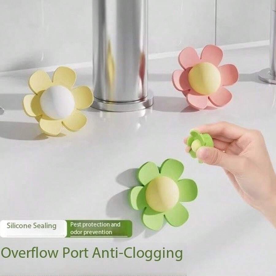 3pcs Flower Shaped Sink Overflow Hole Plug, Bathroom Sink Sealing Cover, Silicone Overflow Drain Stopper, Anti-Leak/Sink Silicone Sealing Cover, Anti-Splash, Anti-Odor Water Plug - Multicolor - View 1