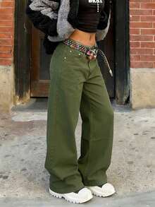 Y2K风格女式复古宽松直筒工装牛仔裤，休闲街头风日常穿搭 - 軍綠色 - 查看 4