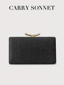 黑色编织手拿包，经典硬挺款式，金属扣闭合，正式场合包，女士手提包，女士礼物 - 黑色 - 查看 1