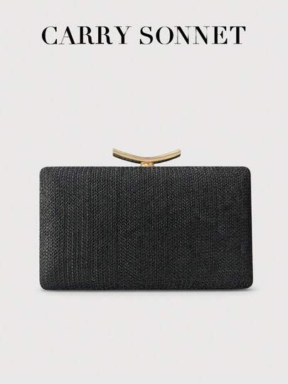 黑色编织手拿包，经典硬挺款式，金属扣闭合，正式场合包，女士手提包，女士礼物