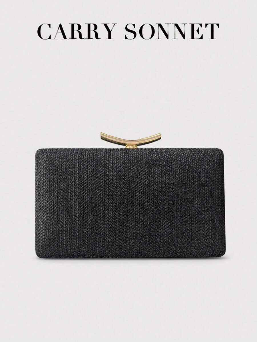 黑色编织手拿包，经典硬挺款式，金属扣闭合，正式场合包，女士手提包，女士礼物 - 黑色 - 查看 1