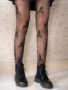 1pc Women's Dark Gothic Black Skeleton Print Leggings, Personalized Hollow Out Stockings Sexy Punk Street Fishnet Tights, Lolita Cool Goth Grunge Y2K Black Pantyhose - Black - View 7