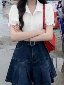 泡泡袖褶皱 Polo 领宽松短袖衬衫 - 白色 - 查看 5