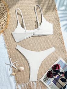 Women's Solid Color Halter Bikini Set, Sexy Triangle Bottoms With Adjustable Straps, Summer Swimwear Vacation Beach White - White - View 7