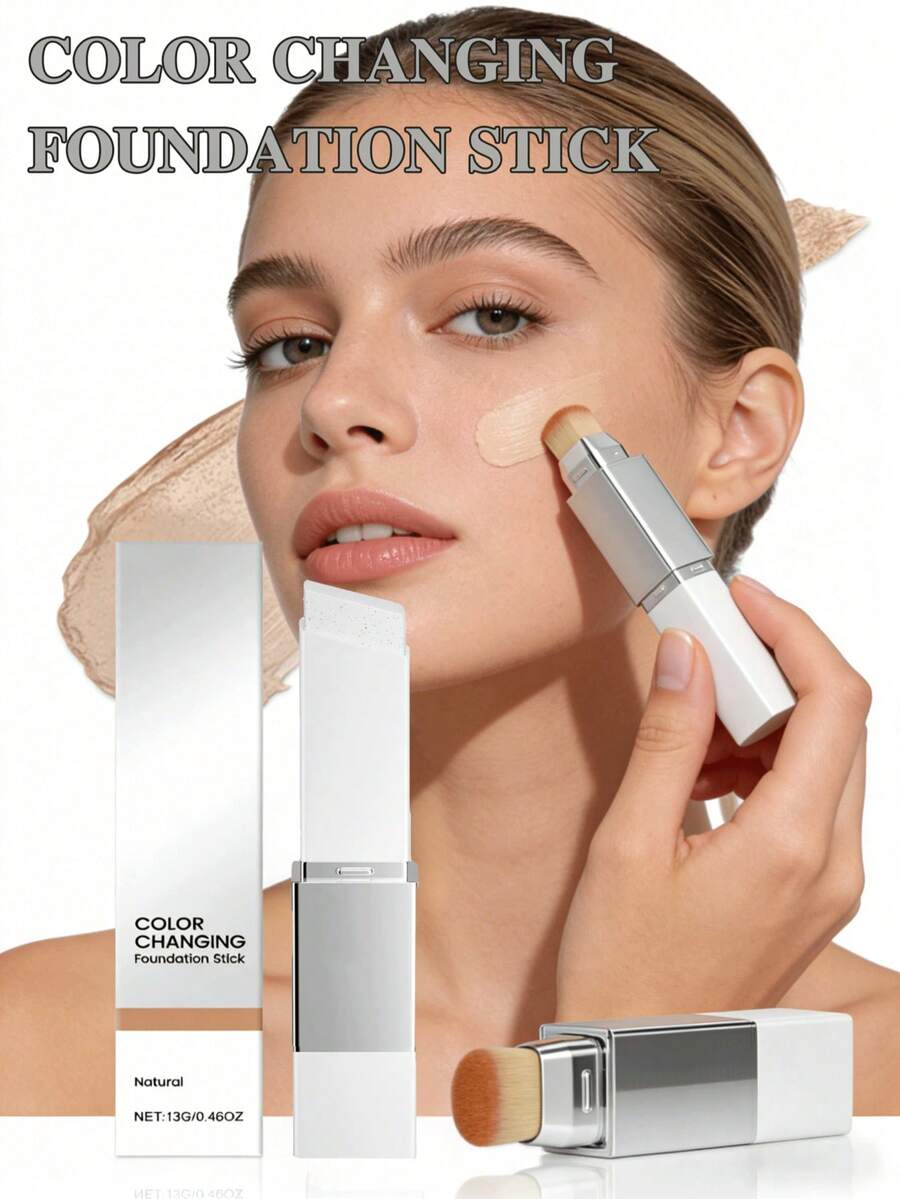 2-In-1 Color-Changing Foundation Stick, Natural Color, Liquid Lightweight Moisturizing Brightening Foundation Color Changing Lightweight Creamy Formula Natural Matte Finish Buildable Coverage Suitable For Most Skin Types, Daily Life - 自然色 - 查看 1
