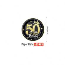 50th Birthday Black & Gold Crown Disposable Plates, Napkins, Cups - 25 Guest Party Supplies Set, Suitable For Birthday, Wedding, Theme Party, Family Picnic - Multicolor - View 9