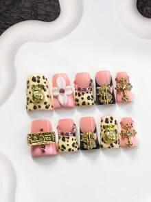 10件套可爱时尚豹纹美甲套装，亚克力按压式美甲贴片，金色福袋，美元，砖块美甲装饰，四叶白花，水钻十字架，粉色闪光水钻设计美甲用品手工按压式美甲贴片 - 彩色 - 查看 18