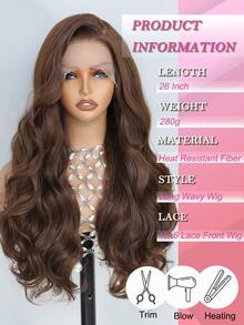 Body Wave Wig 13X6 Transparent Lace Front Wig Synthetic Hair Wig With Baby Hair For Women 26 Inch Dark Brown Color Synthetic Heat-Resistant Ideal For Daily Wear - Dark Brown - 查看 3