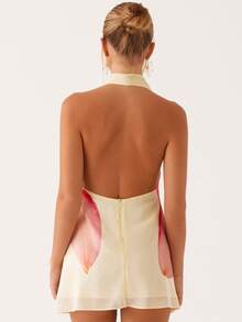 Women Halter Mini Dress Ruched High Neck Sleeveless Backless Flower Print A-Line Party Dress Vacation Beach Short Dress - 粉色 - 查看 5