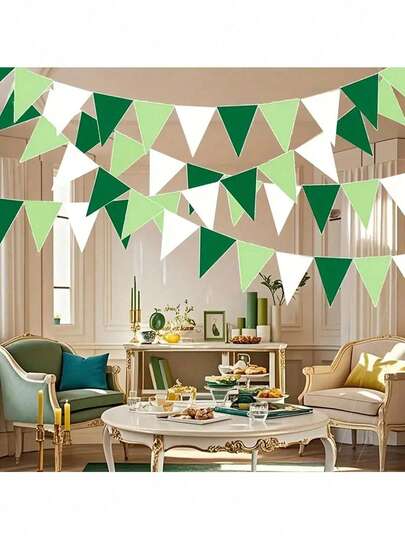 1个鼠尾草绿和白色三角旗纸质花环，带流苏，森林风格装饰 - 适用于婚礼、生日派对、毕业典礼、订婚、周年纪念和夏季派对 - 耐用纸质材料