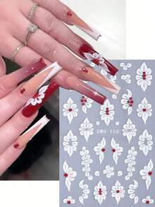2 piezas Pegatinas de uñas 5D con elegantes pétalos blancos, diseño de joyería con flores rojas y cristales, decoración de uñas autoadhesiva para regalo de mujeres y niñas, suministros para manicura de salón - Multicolor - Ver 4