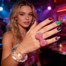 1PCs Cute Delicate Inlaid Rhinestone Pink Bow Ring Women's Simple Sweet Ins Style Finger Ring - 粉色 - 查看 6
