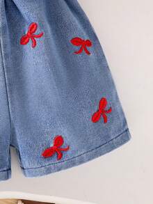 女婴可爱夏季蝴蝶刺绣3D蝴蝶结拼接撞色腰带牛仔连体衣 - 紅色 - 查看 6