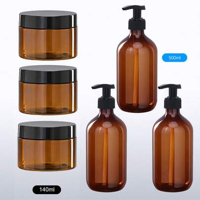 500ml/300ml Amber Thickened Long-Neck Pump Bottles, Suitable For Refilling Shampoo, Body Wash And Conditioner; 140ml/100ml Refillable Jars, Suitable For Bath Salts, Body Lotion And Massage Cream