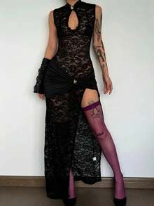 Women's Elegant Halter Neck Floral Lace Maxi Dress Sleeveless Cutout High Neck High Slit Side Cocktail Wedding Guest Dress - 黑色 - 查看 10