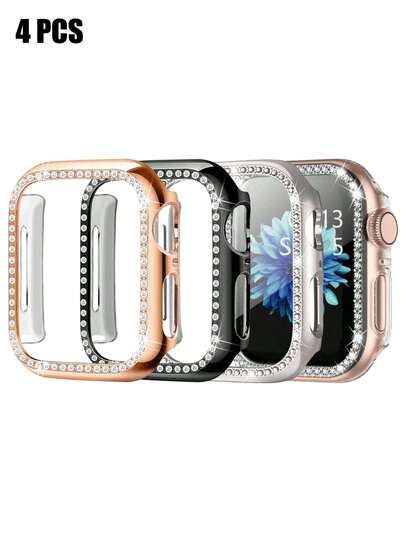 4pcs/Set Men Women Shiny Rhinestone Decor Fashionable Glamorous Watch Case PC Hollowed Out Anti-Fall Protective Case, For Apple Watch Case 40/41/42/44/45/46/49Mm, For Apple Watch Series Ultra/SE/11/10/9/8/7/6/5/4, Intelligent Watch Case Accessories