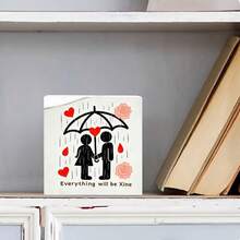 Decorative Wooden Box With Black-And-White Stick Figures Holding Hands Under Black Umbrella, Red Hearts & Raindrops, Light Pink Roses, Stylized 'Everything Will Be Xine' Text - Romantic Thoughtful Gift For Couple, Anniversary, Valentine's Day - White - View 2