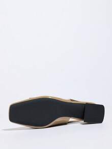 新款法式粗跟闭趾凉鞋，酒红色，中低跟，金属方头，优雅女士高跟鞋 - 卡其色 - 查看 6