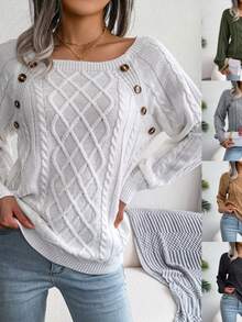 Spring Knitted Button Detail Shoulder Sweater, Knitted Button Detail Shoulder Sweater, Long Sleeve Top Knitted Pullover, Spring Pullover, Autumn/Winter Set - 白色 - 查看 2
