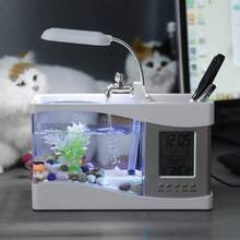 Acuario Recargable por USB con Luz LED, Pantalla LCD para Hora, Fecha, Temperatura, Soporte para Bolígrafo, Decoración para Sala de Estar, Dormitorio, Oficina (Negro) - Blanco - Ver 7
