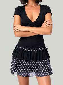 Women's Black Deep V-Neck Short Sleeve Wrap Bodice Tiered Ruffled White Polka Dot Hem Mini Dress - Soft Stretch Fabric Stylish Elegant Retro Chic Versatile Casual Occasion Daily Wear(S-XL) - 藍色 - 查看 2