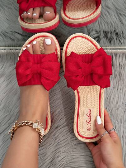 Women's 2025 Spring/Summer New Fashion Elegant Lightweight Classic Outdoor Non-Slip Wear-Resistant Bow Tie Open Toe Slippers, Suitable For Beach, Vacation And Casual Wear