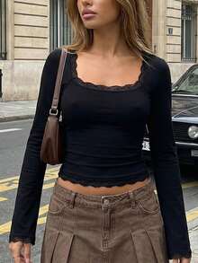 Women Y2K Lace Patchwork Long Sleeve Crop Tops Slim Fit Square Neck Harajuku Fairy Aesthetic Tee Tops Going Out Tops Tshirt Outfits - 黑色 - 查看 2